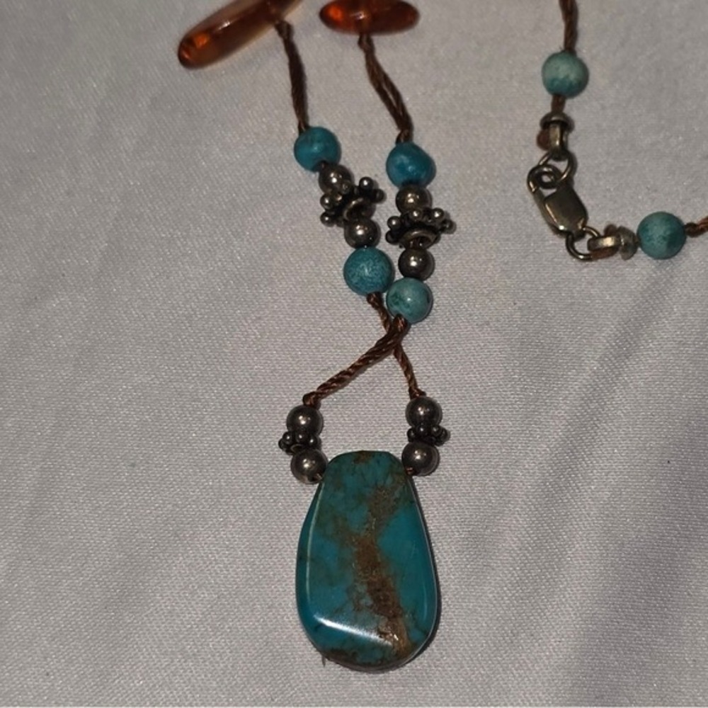 Treska Turquoise Orange Gemstone Beaded Necklace Copper Tone Boho Jewelry - Picture 2 of 7